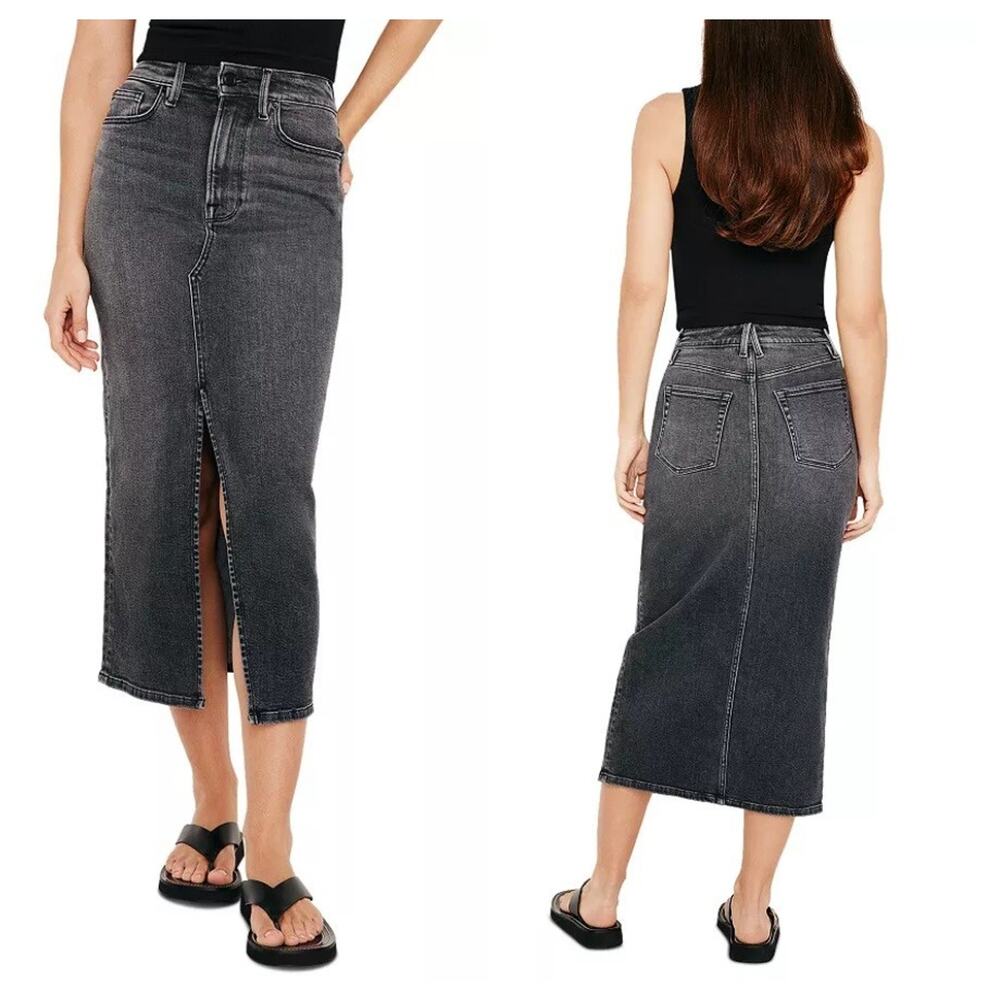 Good American High Waisted A-Line Front Slit Midi Denim Skirt Black Sz 16 NEW